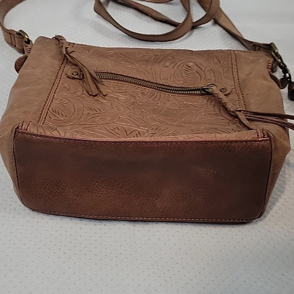 The Sak Brown Leather ASHLAND Embossed Crossbody Purse with Brass Hardware